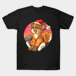 cute fox with christmas hat smiling with tongue out cartoon illustration T-Shirt